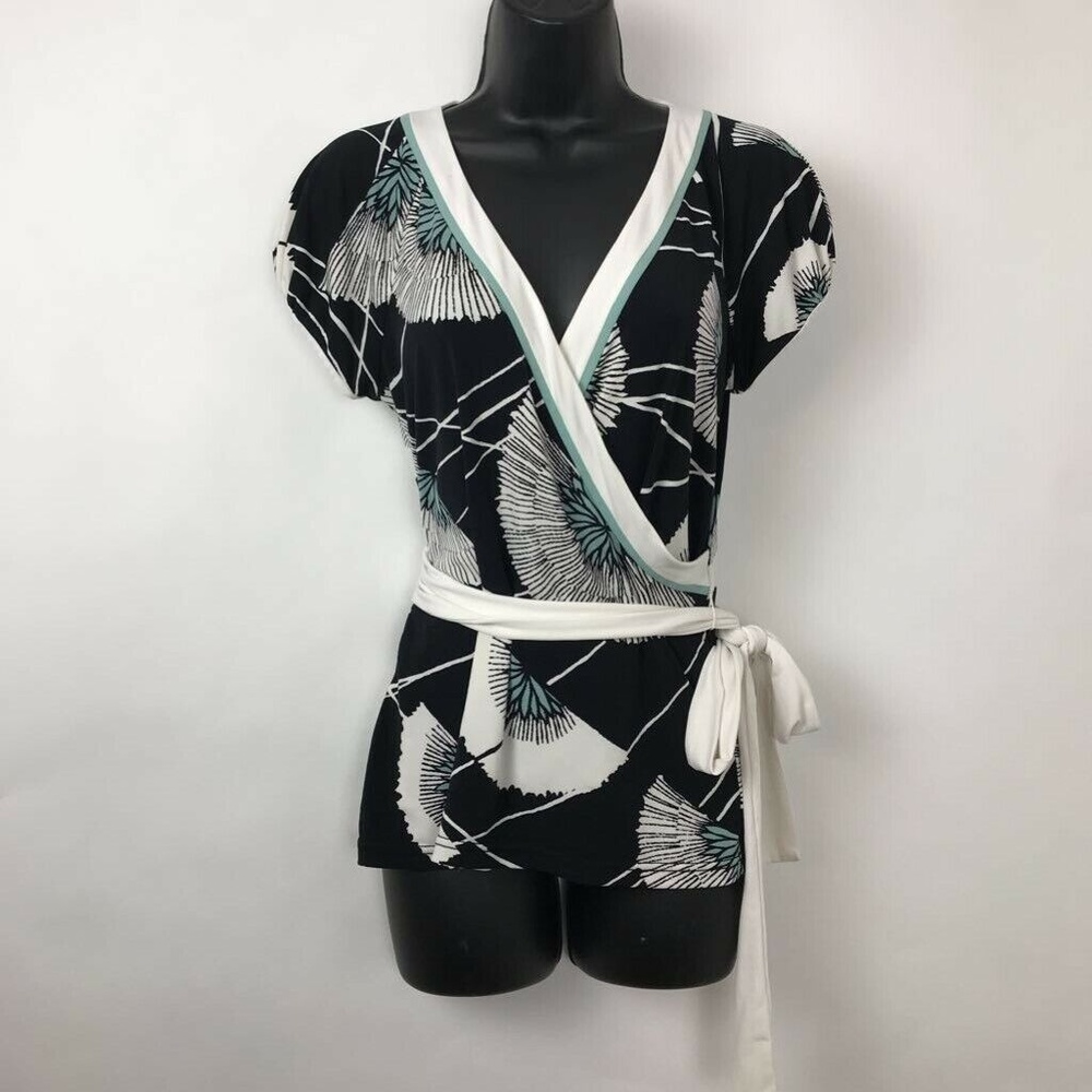 BCBG Max Azria Faux Wrap Top Black Floral Sz M